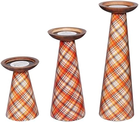 Mela Artisans Ochre Metal Candle Holders - Multi Plaid, Set of 3 by MelaArtisans