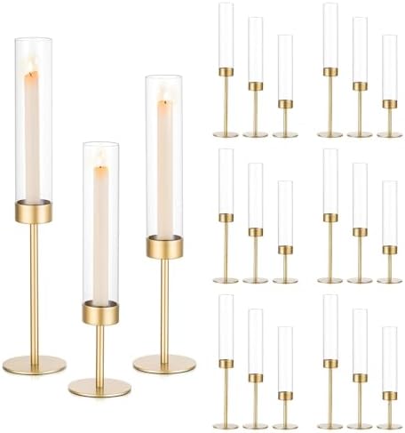 Sziqiqi Hurricane Candle Holder for Wedding: Gold Candlestick Holders 18 Pcs for Table Centerpieces - Glass Candle Stick Holder Bulk for Party Event by SZIQIQI