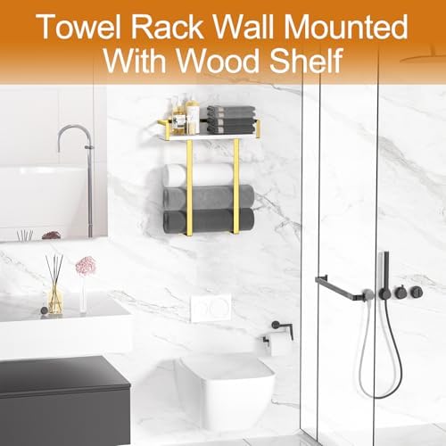Towel Racks for Bathroom Wall Mounted, Metal Towel Holder with Wooden Shelf for Folding Large Towels, Towel Storage for Small Bathroom Organizer Decor or RV Camping,Golden - Image 3
