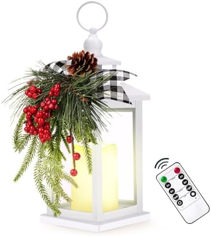 Metal Christmas Vintage Candle Lanterns with Remote Control and Led Light, Plaid Ribbon Decorative Hanging Lantern for Indoor Outdoor Porch Decorations Party Gift, White, WOKEISE by WOKEISE