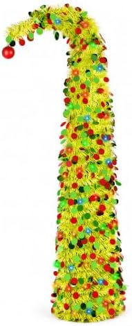 5ft Whimsical Pop Up Christmas Tree with 100 Lights, Lime Green Curved Top Collapsible Tinsel Christmas Tree with Ball Ornaments for Fireplace Porch Corner Apartment Home Indoor Holiday Party Decor by BTU