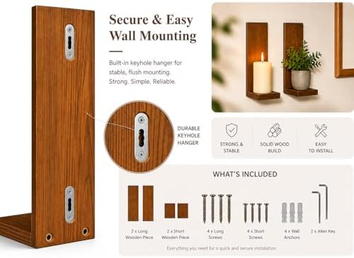 Wall Candle Sconces Set of 2, Rustic Wood Farmhouse Wall Decor, Vintage Brown Candle Holders for Living Room, Bedroom & Hallway - Image 6