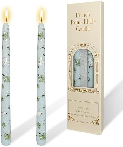 Light Blue Small White Flower Taper Candles Set of 2- Beautiful Handmade Aesthetic Candle-Home Decor Elegance to a Wedding Decor or Garden Party Table-10Inch Small White Flower by YUKCAXDLS