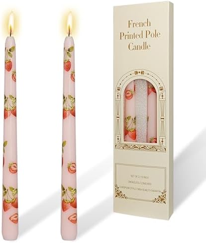 Light Pink Strawberry 10 inch Straight Taper Candles-Pink Strawberry Handmade Printing Candlesticks Tall Tapered Candle for Home Garden Decor Simple Modern 2Pcs by YUKCAXDLS