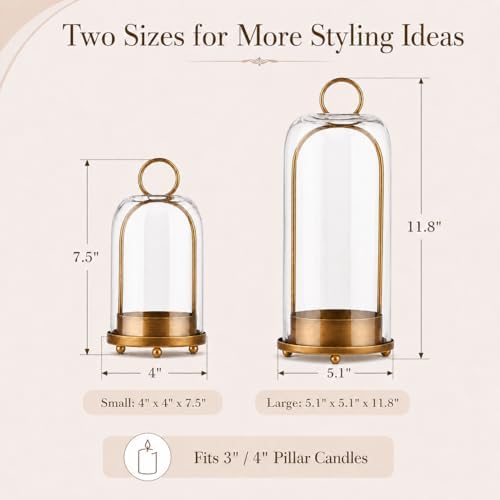 Hurricane Glass Candle Holders in Antique Brass, 5" & 4" Wide Gold Vintage Metal Candlesticks Holders for Pillar Candle Lantern with Handmade Thick Glass Dome, Industrial, Modern Home Decor (Brass) - Image 4