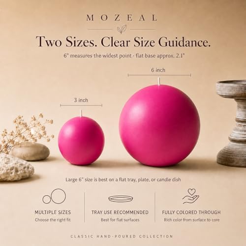 MOZEAL Hand-Poured, 6 Inch Hot Pink Large Round Ball Candles - Elegant Hot Pink Round Pillar Candles, Dripless, Unscented, Smokeless, Ideal for Parties and Celebrations. - Image 2