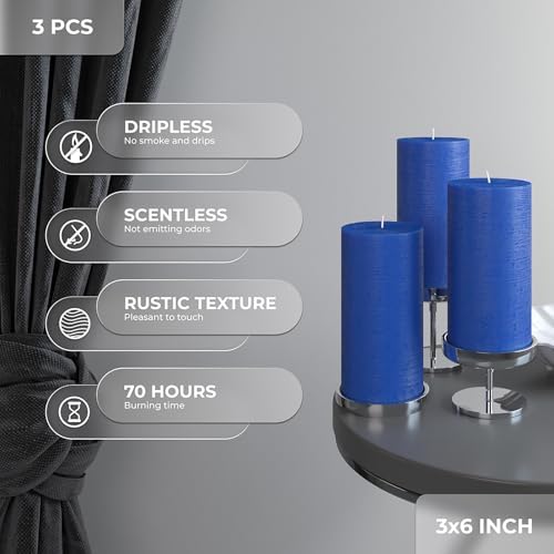 CANDWAX Large Pillar Candles 3x6 Inch – Set of 3 Unscented Dripless Blue Candles, Rustic Style for Events, Home Interior, Weddings - Image 3