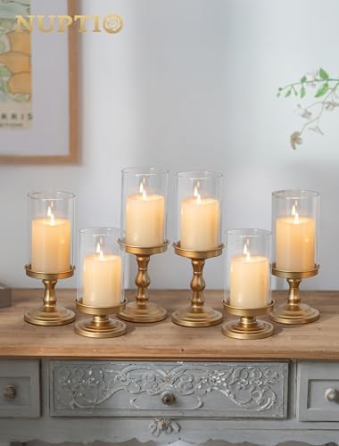 NUPTIO Hurricane Glass Candle Holders: Gold Pillar Candle Table Centerpiece - Image 2
