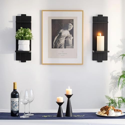 Large Black Wood Wall Candle Sconces: 19.7" Floating Shelf Design - Image 2