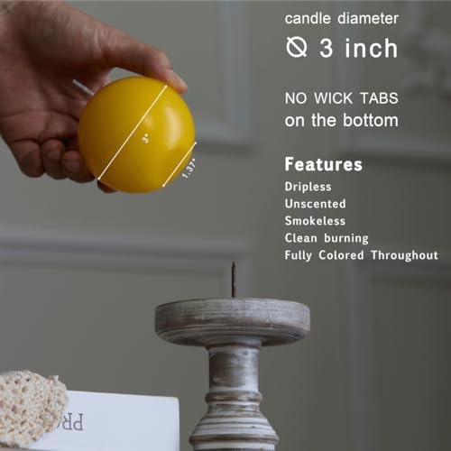 MOZEAL Hand-Poured, 3 Inch Yellow Round Ball Candles - Elegant Yellow Round Pillar Candles Set of 3, Dripless, Unscented, Smokeless, Ideal for Spring and Summer Parties. - Image 4