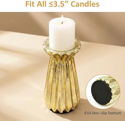 Home Decor, Mercury Glass Pillar Candle Pedestal Holders with 10 Led Lights, Lighted up Candle Holder for Pillar Candle, Candlestick Holders with Timer for Wedding Home Dining Table Xmas (Gold) - Image 3