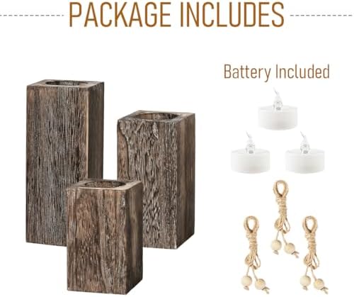 Rustic Wood Candle Holders with Battery Operated Candles Farmhouse Decor 3P - Image 2