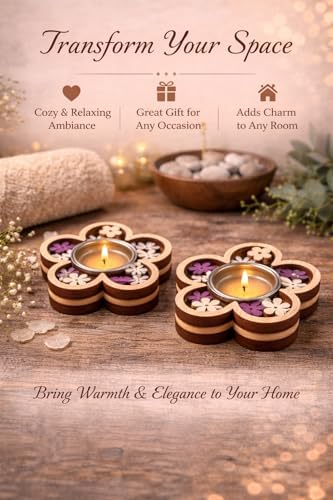 Wooden Tea Light Holder Set of 2 – Decorative Candle Tray, for Mom, Romantic Spa Décor, Home Candle Holder (Flower – Floral Serenity) - Image 4