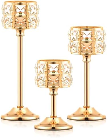 Crystal Metal Candle Holder, Square Crystal Beads Bling Tea Light Candlestick, Tall Votive Candelabra Elegant Centerpiece for Table Wedding Decoration, Home Decor (Gold, Set of 3) - Image 2