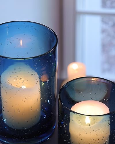 Large Hurricane Candle Holder Set of 3 Blue Candle Holders for Pillar Candles, Seeded Bubbles Glass Candle Holder, Blue Glass Cylinder Vases for Table Centerpieces, Home, Patio and Wedding 10"7"4"H - Image 5