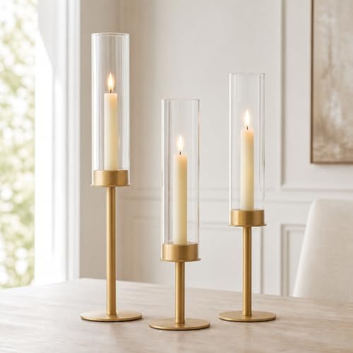 Hewory Gold Candlestick Holders: 3PCS Glass Hurricane with Brass Base by Hewory