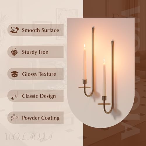 Metal Wall Candle Sconce Holder Set of 2 Wall Mount Candle Holder Pillar Holder Brass Modern Wall Candle Sconces Hanging for Living Room Farmhouse Fireplace Wedding - Image 3