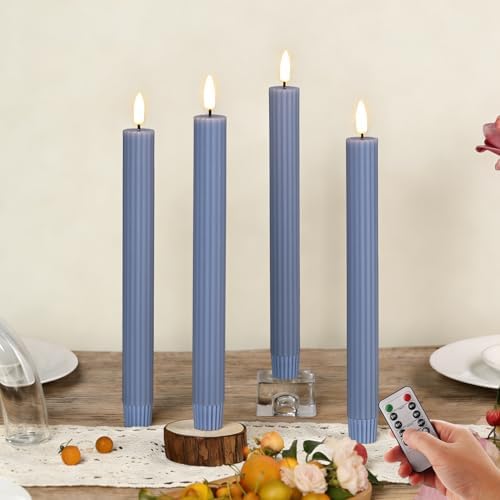 Dusty Blue Ribbed Flameless Taper Candles with Remote Set of 4 by Girimax