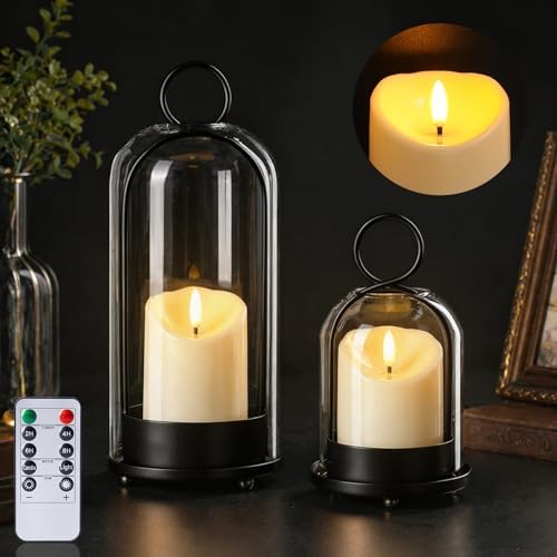 Brass Hurricane Handmade Sturdy Glass Dome Candle Holders with Glass Cover, Set of 2 Flameless Battery Operated LED Pillar Candles and Remote, Elegant Cloche Lantern for Modern Table Centerpiece by SUNILLUMA