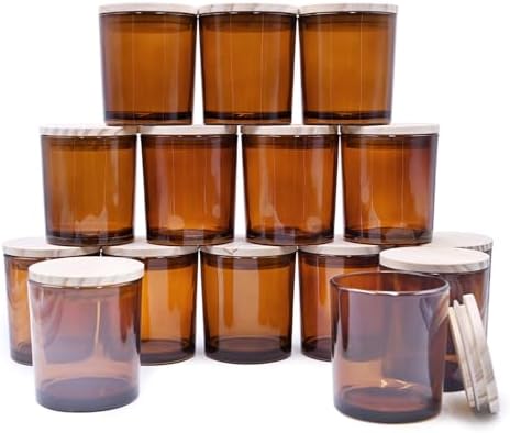 SHOWIN 8 OZ Thick Candle Jars for Making Candles 15 Pcs, Brown Empty Jars with Wood Lids for Candle Making, Sample Container,Clear Brown by Showin