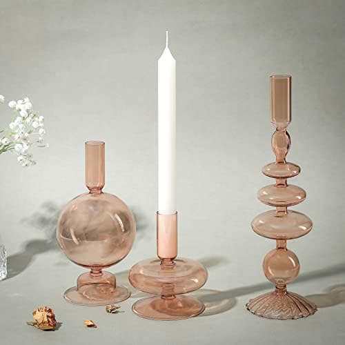 Rtteri 3 Pcs Iridescent Glass Candlestick Holders Taper Candle, Light Brown by Rtteri