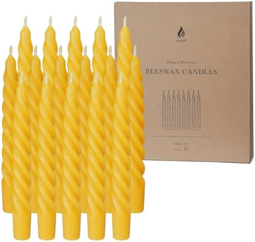 16PCS 7-Inch Pure Beeswax Spiral Taper Candles, Natural Raw, Dripless by Aglary