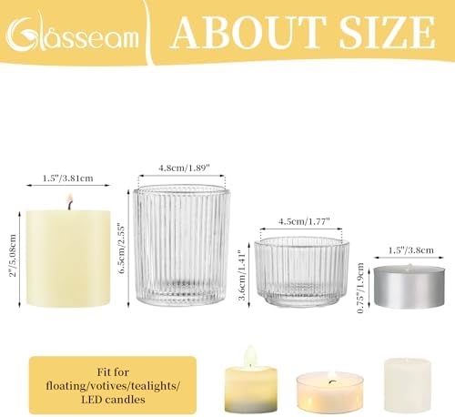 Glasseam Glass Tealight Candle Holder: Set of 8 Ribbed Clear Votive Candle Holders for Table Centerpiece, Decorative Small Vintage Tea Lights Candle Holder for Wedding Christmas Dining Room Decoration - Image 2