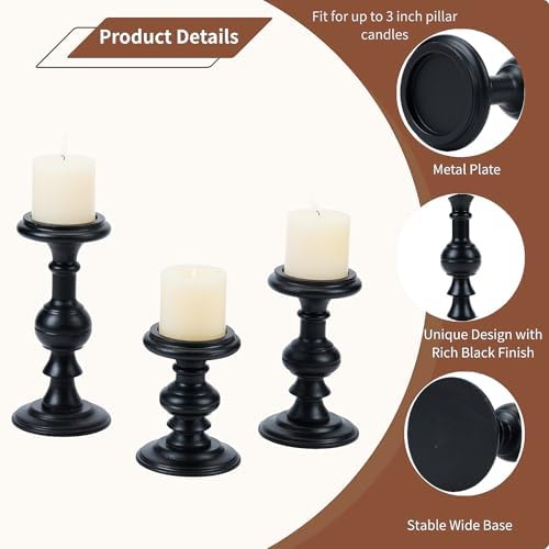 Set of 3 Rustic Black Wood Pillar Candle Holder - Image 3