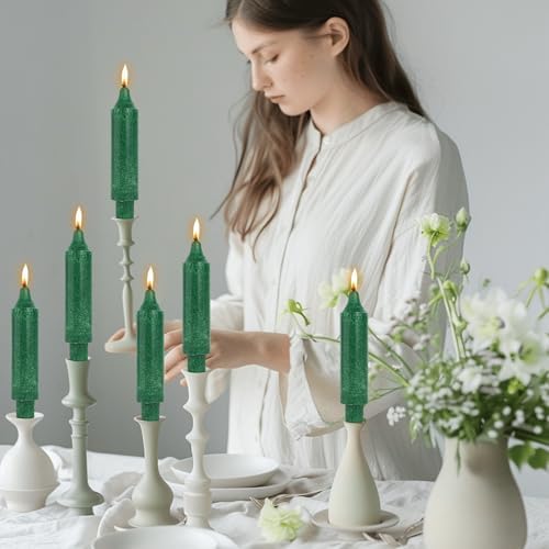 Green Short Taper Candle Sticks Dripless Tapered Candles for for Holiday Wedding Party Wax Unscented Dinner 6 inch Set of 4,Crystal Green - Image 2