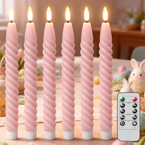 Pink Flameless Taper Candles Flickering with Remote Timer by Lasumora