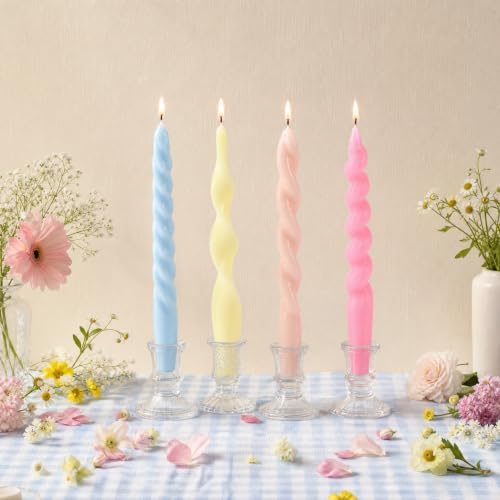 4 Pack Taper Candles Unscented Dripless Spiral Candlesticks Smokeless Swirl Wax Colorful Decorative Candle Sticks for Wedding Dinner Party Home Decor (Pastel Assorted, 7.8 inch, Twisted) by Unknown