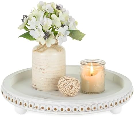 Hanobe Decorative Tray for Home Decor Round Wooden Candle Holder Beads Edge by Hanobe