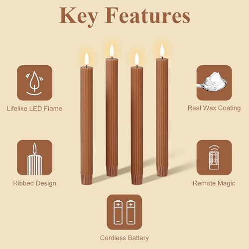 Brown Ribbed Fall Flameless Taper Candles with Remote Set of 4 - Image 3