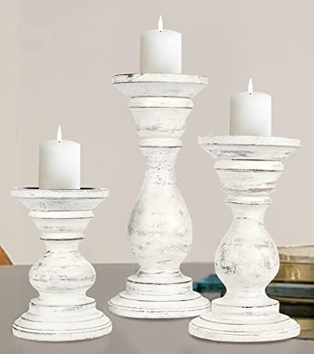 Candle Holder Stand Wooden, Pillar Candle Holder, Unity Candle Holders, Rounded Turned Colums, Country Style Ideal for Gift, Wedding, Christmas, Party, Home - 10,8,6 Inch- Set of 3 -Antique White - Image 3