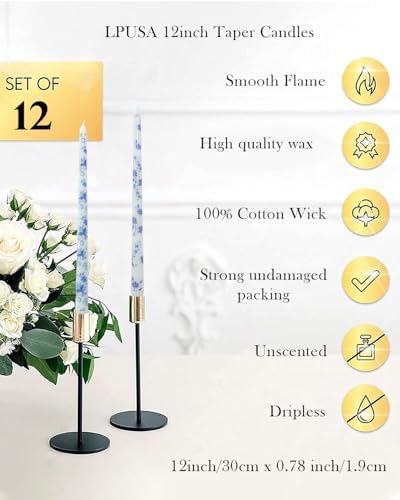 12inch Blue and White Porcelain Long Taper Candlesticks Chinoiserie Dripless Candle Decorations Unscented Taper Candles for Party Gift Home Decor-12 pcs - Image 3