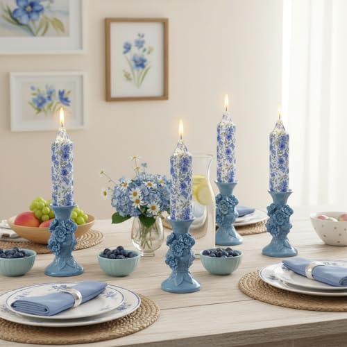 5 inch Short Blue Candle Floral Candle Sticks Printed Candlestick Handmade Unscented Taper Candle 4 Pack Flower Tapered Candles for Blue Home Dinner Wedding Holiday - Image 4