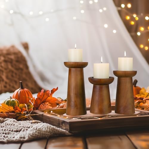 Pillar Candle Holders Set of 3， Wooden Candle Holders， Decorative Wood Candlestick Holders for Living Room, Table Centerpiece for Wedding, Christmas, Party, Home - 6", 8", 10" - Image 7