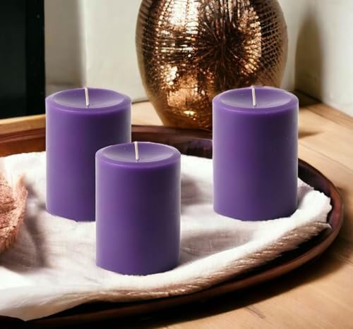 Mister Candle Dripless Unscented Purple Pillar Candles, Set of 3 Hand Poured Solid Color Non-Scented Candles for Home Decor, Premium Wax, 60 Hr Burn Time - 3x4 Inch, Purple - Image 3