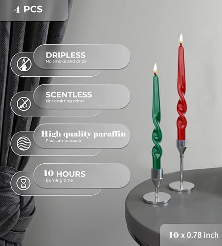 MAITREYA Christmas Dark Green Spiral Taper Candles-Set of 4 for Decoration Weddings Party Church-Unscented Dripless Candles,10inch(Dark Green-B) - Image 5