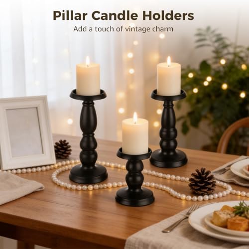 3 Pcs Black Metal Pillar Candle Holders Set, Rustic Farmhouse Iron Candlestick Holders, Decorative Candlestick for Table Centerpiece, Wedding, Home - Image 3