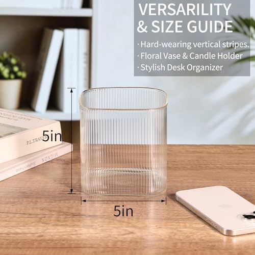 Square Clear Glass Vases Set of 6, 5" x 5" x 5" Flower Vases for Centerpieces, Square Vase for Centerpieces, Small Ribbed Flower Vases for Wedding, Party, Home Office Decoration - Image 2
