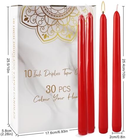 30-Pack Red Taper Candles - 10 Inch Long-Lasting Dinner Candles, Unscented Smokeless for Christmas, Wedding, Party and Home Table Decor - Image 4
