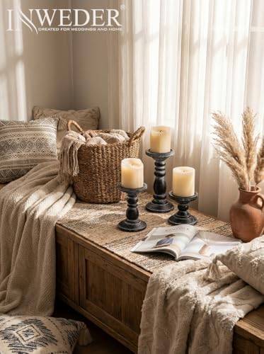 Wood Pillar Candle Holder: Rustic Distressed Black Candle Stand - Image 5