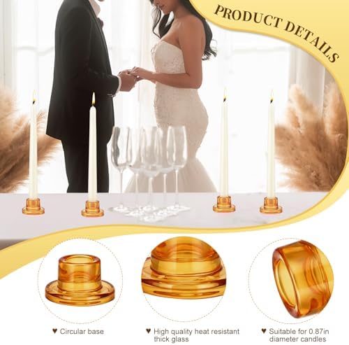 6 PCS Glass Taper Candle Holders Bulk Candlestick Holders Clear Short Tapered Candle Stick Holder Decor Set for Table Centerpiece Wedding Party Advent Christmas Home Decorations (6, Amber) - Image 3