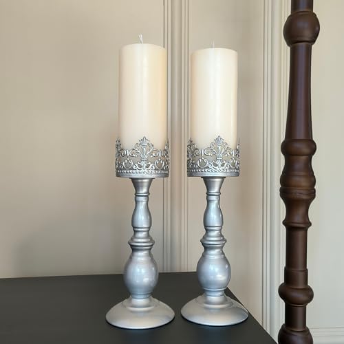 Candle Holders for Pillar Candles Gothic Matte Pearl Silver Tall Candle Holders Set of 2 Decorative Large Table Centerpieces Candle Stand Decor (Pearl Silver 2PCS A) - Image 4