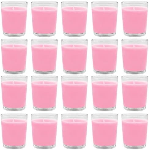 Set of 20 Pink Votive Candles Clear Glass Filled Unscented Soy Wax Candle for Home Spa Weddings Romantic Holiday Party and DIY by BERYSCEN