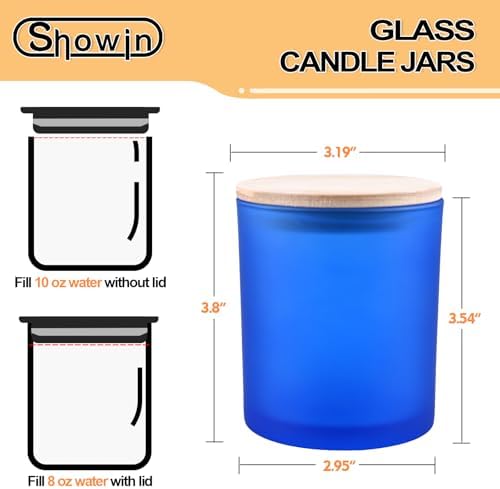 SHOWIN 10 OZ Thick Candle Jars for Making Candles 15 Pcs, Empty Jars with Wood Lids for Candle Making, Sample Container, Frosted Blue - Image 4