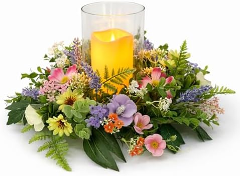 Floral Candle Holder Centerpiece for Table, Glass Hurricane with Detachable Small Floral Wreath, Farmhouse Spring Centerpiece for Dining Table, Wedding, Home Decor by Homeinnovationlifeasart