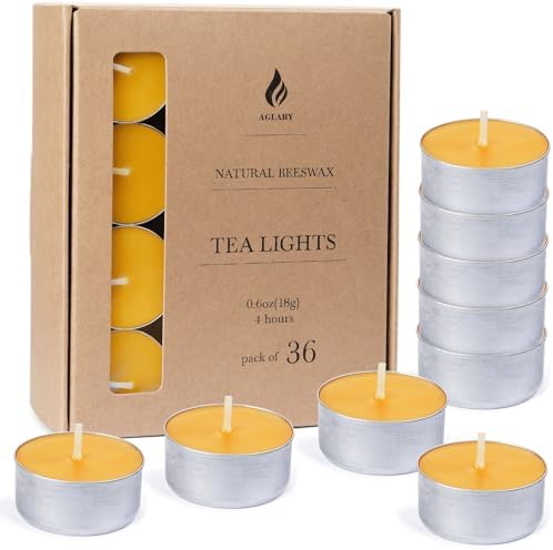 36PCS Beeswax Tealight Candles, Aluminum Cups, 4H Burn, Unscented by Aglary