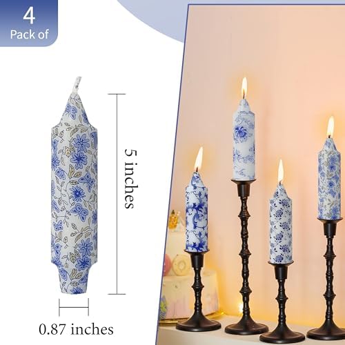 5 Inch Blue and White Short Taper Candles Hand Poured Smokeless Unscented Porcelain Style Chinoiserie Floral Candles for Wedding Nautical Dinner Home Decor Housewarming Gift Mother's Day Meditation - Image 4